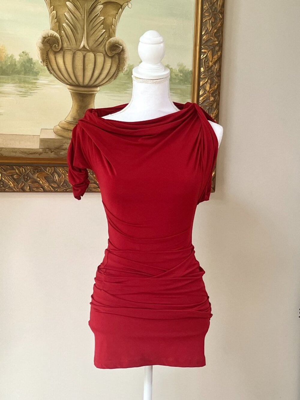 Jacquemus La Mini Robe Drapeado Burgundy Mini Bodycon One Shoulder Dress Sz XS - Picture 2 of 13